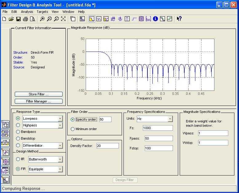 Low pass filter coefficient using FDA tool